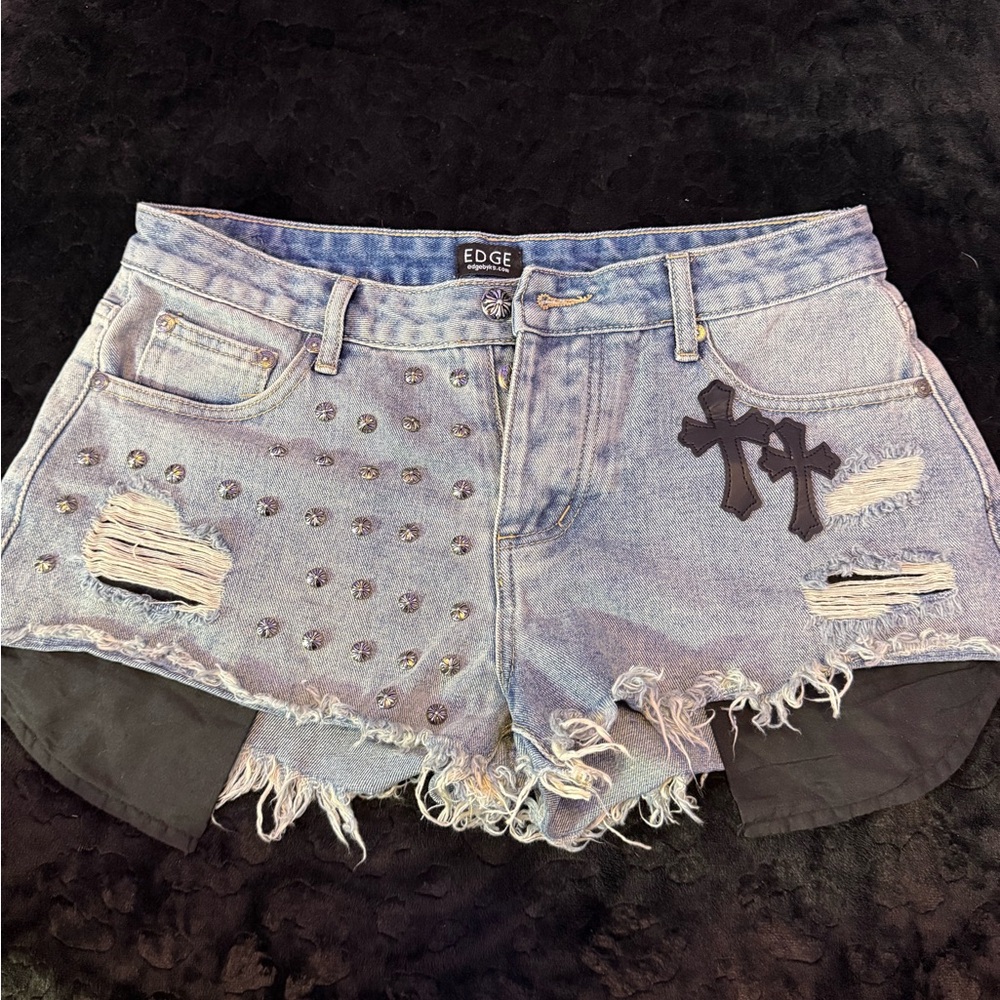 EDGE Women's Studded Jean Shorts - Light Blue and Black